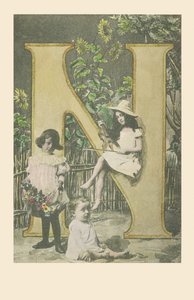 N: Egy lány hegedűt tart, egy másik virágot hord, babaülés alkotó: French School