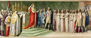 Bonaparte Napóleon (1769-1821) Milánóban a Lombardok Vaskoronájával koronázta meg magát, 1805 (színes metszet) alkotó: French School