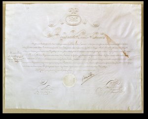 Bonaparte Napóleon (1769-1821) engedélye Louisiana Egyesült Államok általi megvásárlására, 1803. április 30. (tinta pergamen) alkotó: French School