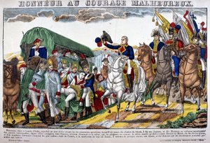 I. Napóleon leveszi a kalapját, mint a sebesültek konvoja, és felkiált: „Tisztelet a boldogtalan bátorságnak!” Az Epinal képe alkotó: French School