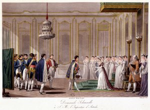 Napóleon feleségül kéri Marie Louise-t Ausztria impressziójához – a „” Történelmi összefoglaló az 1809-es Franciaország és Ausztria közötti háborúról” c. alkotó: French School