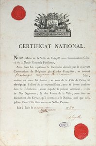 Nemzeti bizonyítvány a jó magaviseletről a francia forradalom idején, 1789. augusztus 8-án Párizsban alkotó: French School