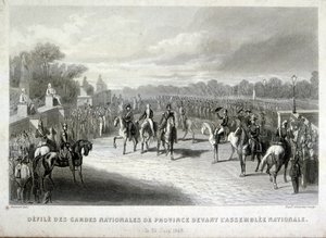 A nemzetőr katonái védik a párizsi nemzetgyűlést. Metszet az 1848-as francia forradalom idején (metszet) alkotó: French School