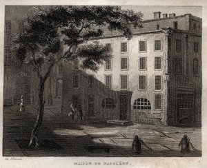 Bonaparte Napóleon szülőháza Ajaccióban (Korzika) - Bonaparte Napóleon szülőhelye Ajaccio en Corsica - Metszet a „festői Olaszországból” – Olaszország történelmi és leíró festménye”, M. de Norvins, Ch. Nodier 1834-1836. alkotó: French School