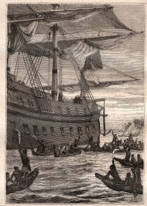 A bennszülöttek a banánfák ágait tartották a kezükben: Samuel Wallis (1728-1795) polinéziai útja – az őslakosok banánágakat tartva üdvözlésképpen – illusztráció a „18. századi nagy tengerészek” című könyvből. alkotó: French School