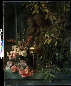 ""Csendélet"" (Madonna gyerekkel, lámpással, virágokkal (beleértve a szegfűt is) Festmény a francia iskoláról 19. század. Mikhail Kroshitsky Művészeti Múzeum, Szevasztopol (Szevasztopol) Ukrajna alkotó: French School