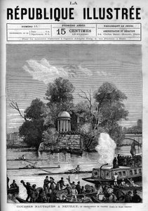 Hajózási versenyek: francia evezős bajnokság, amelyet a Szajnán rendeznek, az Ile de la Grande Jatte-val szemben Neuilly-ben. Egy újság. Metszet 1880-ból a „La republique illustree”” magángyűjteményben. alkotó: French School