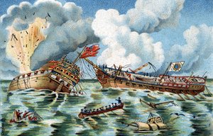 Tengerészeti harc a „Supervisante” és a „Quebec” között, 1779. október 6-án, nem messze Ouessanttól. A francia fregattot Du Couedic de Kergoaler kapitány, az angol fregattot Farmer kapitány irányította. Kromolitográfia 1890 körül. alkotó: French School