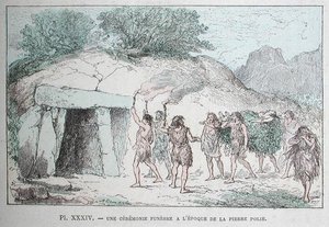 Neolitikus temetési szertartás, illusztráció Dr. Rengade "Les Origines de la Vie" című művéből, 1880 körül (színes metszet). alkotó: French School