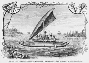 Új-Kaledónia, az Isle of Pines pirogue, egy deportált toll- és tusrajza után, illusztráció a Les Missions Catholiques 1893-as értesítőből alkotó: French School