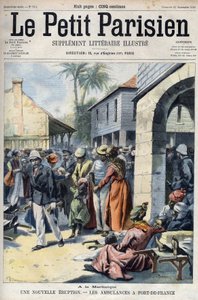 Új vulkánkitörés a Montagne Pelee vulkánból Martinique-on: mentőautók Fort de France-ban (Fort-de-France). Metszet „A kis párizsi”-ba alkotó: French School