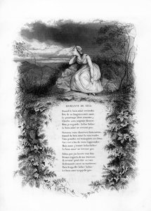 Nina románca. Egy magányos nő esküvői ruhában az országút szélén. Gravírozás „” Chants et chansons populaire de la France””, 2. kötet alkotó: French School