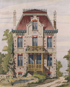 Norman villa Villers sur merben, Normandia, illusztráció a Le Moniteur des architectesből, 1883 (színes metszet) alkotó: French School