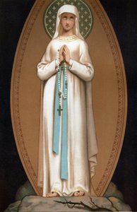 Notre Dame de Lourdes: Szűz Mária ábrázolása, ahogyan Bernadette Soubirousnak látszott volna a lourdes-i barlangban 1858-ban. Kromolitográfia. Henri Lasserre „” Notre Dame de Lourdes” frontispice alkotó: French School
