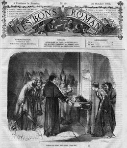 Regénysorozat: Victor Hugo (1802-1885) „Notre Dame de Paris”. A pap úgy dönt, örökbe fogadja Quasimodot. Metszet a „Les bons romances”-ba alkotó: French School