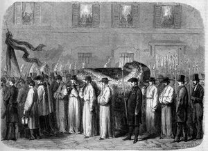 Jean Baptiste (Giovanni Battista) Niccolini (1782-1861) obseques, 1861. szeptember 21.: temetési konvoj az olasz költő földi maradványait szállítva Firenze (Firenze) utcáin, Olaszországban. Metszet a „” Le Monde Illustré”” 234. számában, október 5-én alkotó: French School