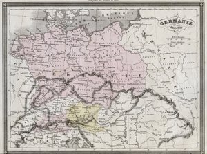 Régi Germania – Vuillemin „Az ókori és modern földrajz egyetemes atlasza lakótelepi iskolák számára” című lapjából – kb. 1845 alkotó: French School