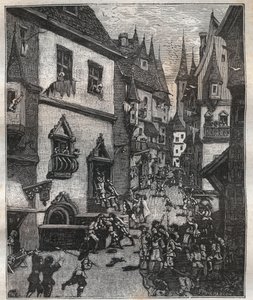 1636. május 20-án nyolc hamisítót tartóztatott le a rue Champfleuriban két rendőrbiztos egy tucat őrmester kíséretében – Nicolas Jules Henri Gourdon de Genouillac (1826-1898) „Paris a travers les siecles” című művében. alkotó: French School