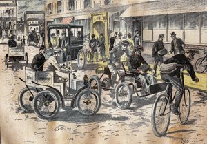1899. október 5-én a postahivatal helyettes államtitkára, Leon Mougeot (1857-1928) elnökölt a kerékpárok és különféle gépkocsik első postaszállítási tesztjein Párizs XII. kerületének központi postáján. . Metszet „” Le P alkotó: French School
