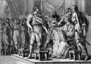 Clotaire (Clothaire) 1., a frankok királyának halálakor négy fia mindegyike megkapta a királyság egy részét. A nevük: Caribert 1er vagy Charibert (kb. 520-567), Gontran 1er (kb. 545-592), Sigebert I (535-575) és Chilperic I (kb. 539-584). Metszés alkotó: French School
