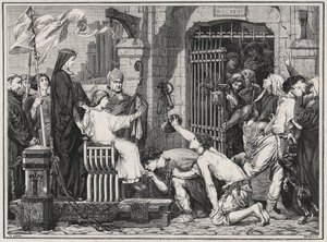 Jövője alkalmából (1227) az ifjú IX. Lajos elítélte a foglyokat – Louis Dumas 1889-es „Les Hommes Celebres de la France” című metszetébe. alkotó: French School