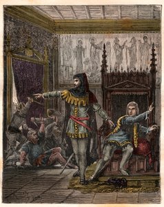 Százéves háború: „” Károly delfin (akkor V. Károly) (1338-1380) (Franciaország első delfinje) és Etienne Marcel (1302/1310-1358), aki meggyilkolt két minisztert (marechaux), Robert de Clermont és Jean de Conflans a szobában a francia delfin at alkotó: French School