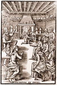 A transzmutációs kémia kurzusának megnyitása - 1653-as metszet a „” LE VRAY ET METHOD COURSES DE PHYSICS RESOLUTIVE”-ba, Annibal Barlet alkotó: French School