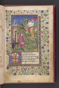 Nyitó oldal. Egy úriember egy tájban, utána egy másik lóra ülve, három hölggyel.  Le livre des quatre dames; par Alain Chartier. Le livre des quatre hölgyek; par Alain Chartier.  Chartier, Alain, nincs megjelölve, V. Károly titkára alkotó: French School