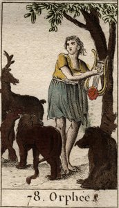 Orpheus elbűvöli a vadon élő állatokat Pierre Blanchard 1803-as „Mythologie de la jeunesse” című lírájának eljátszásával. alkotó: French School