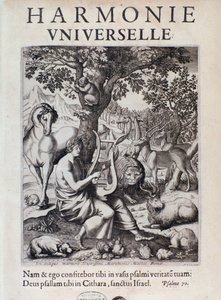 Orpheus az állatoknak játszik. Marin Mersenne Harmonie universelle című művének címlapképe. alkotó: French School