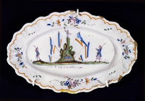 Ovális tányér Vive le Roi et la Nation 1790, Nevers műhely felirattal, (kerámia) alkotó: French School
