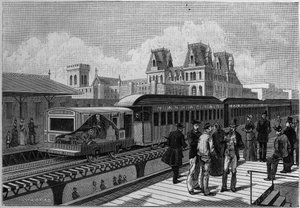 Az Elevated Railroad állomás és az elektromos vonat áttekintése New Yorkban, USA. Metszet a „” La Nature-be. Revue des sciences et de ses applications aux arts et a l