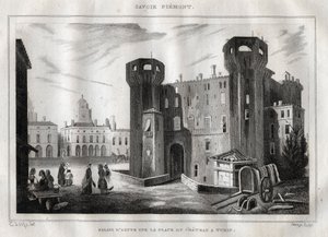 Az aostai palota a torinói Place du Chateau-n - Metszet a „festői” Olaszországból” – Olaszország történelmi és leíró festménye”, M. de Norvins, Ch. Nodier 1834-1836. alkotó: French School