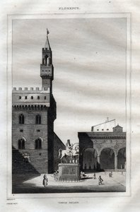 Palazzo vecchio Firenzében – Piazza della Signoria – Metszet a „festői Olaszországból” – Olaszország történelmi és leíró festménye”, M. de Norvins, Ch. Nodier 1834-1836. alkotó: French School