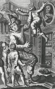 Pantagruel torkon ragadja Limousint, illusztráció a „Gargantua és Pantagruel”-ből, François Rabelais (metszet) alkotó: French School