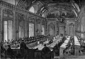 Párizs, 1871. augusztus 4.: az önkormányzati tanács első ülése a Palais du Luxembourg tróntermében. Metszet a „” Le Monde Illustré”” 748. számában, 1871. augusztus 12. alkotó: French School