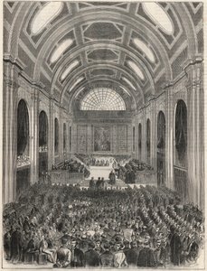 Párizs, Palais de Justice – A Salle des Pas Perdus egy hivatalos szertartás alatt – Edmond Texier 1852-es metszete „Tableau-de-Paris”-ban alkotó: French School