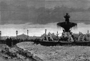 Párizs a hó alatt, tél 1879-1880: kilátás a Place de la Concorde egyik szökőkútjára a fagy alatt. Scott metszete a „” The Illustrous World”” 1188. számában, január 3-án alkotó: French School