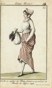 Párizsi boltos lány hétköznapi hajnali ruhában, 1798. március 26. (kézszínű rézmetszet) alkotó: French School