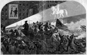Buli New York (New York) utcáin, hogy megünnepeljük az Egyesült Államok (Egyesült Államok) és Anglia közötti transzatlanti távirati kábel 1858-as kiépítését. Metszet a „” Le Monde Illustré”” 79. számában, 1858. október 16.. alkotó: French School