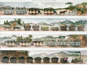 Utasok és teherszállítás a Lyon és St. Etienne között 1829-ben megnyílt első francia vonalon (színes litó) alkotó: French School