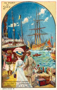Az osztrák Lloyd vonal hajójára felszálló utasok Szuez kikötőjében, Egyiptomban (chromolitho) alkotó: French School