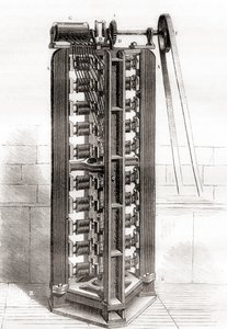 Paul-Gustave Froment függőleges elektromotorja, 1844 körül, a Les Merveilles de la Science-ből, megjelent 1870 körül (metszet) alkotó: French School