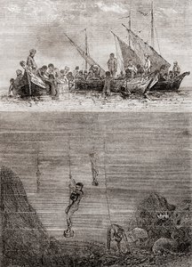 Gyöngybúvárok Ceylon szigetének partjainál a 18. században, a "Les Merveilles de la Science"-ből, 1870 körül megjelent (metszet) alkotó: French School
