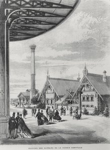 Parasztházak az 1867. évi Exposition Universelle orosz pavilonjában (litho) alkotó: French School
