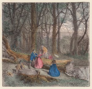 Emberek másznak át egy kivágott fán (színes metszet) alkotó: French School