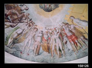 A Medici udvar emberei, középen IX. Károly Janusszal, jobbján a katolikusok, akik fegyvereket kovácsolnak a háborúhoz, balra a protestánsok, de Medici Katalin Juno és Diane is. alkotó: French School
