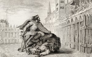III. Pepin (714-68) a rövidke az oroszlánnal és a bikával, Colart „Histoire de France” című művéből, 1840 körül megjelent alkotó: French School
