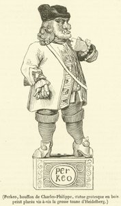 Perkeo, Charles-Philippe bolondja, festett fából készült groteszk szobor Heidelberg nagy tonnájával szemben (metszet) alkotó: French School