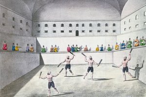 Gymnasiumban gyakorló perzsa atléták, 1820 körül (színes metszet) alkotó: French School
